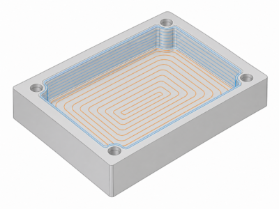 Ilustración técnica isométrica de una pieza de cavidad rectangular de aluminio con trayectorias de desbaste naranja y trayectorias de acabado azul claro superpuestas