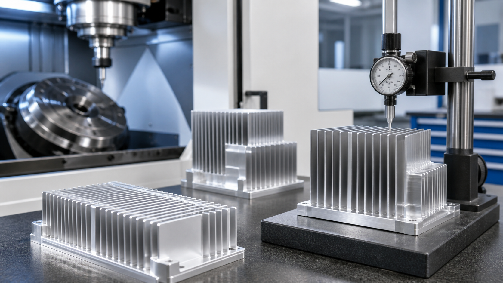 Aluminum heat sinks with thin fins inspected in a CNC machining workshop for dimensional stability and deformation control