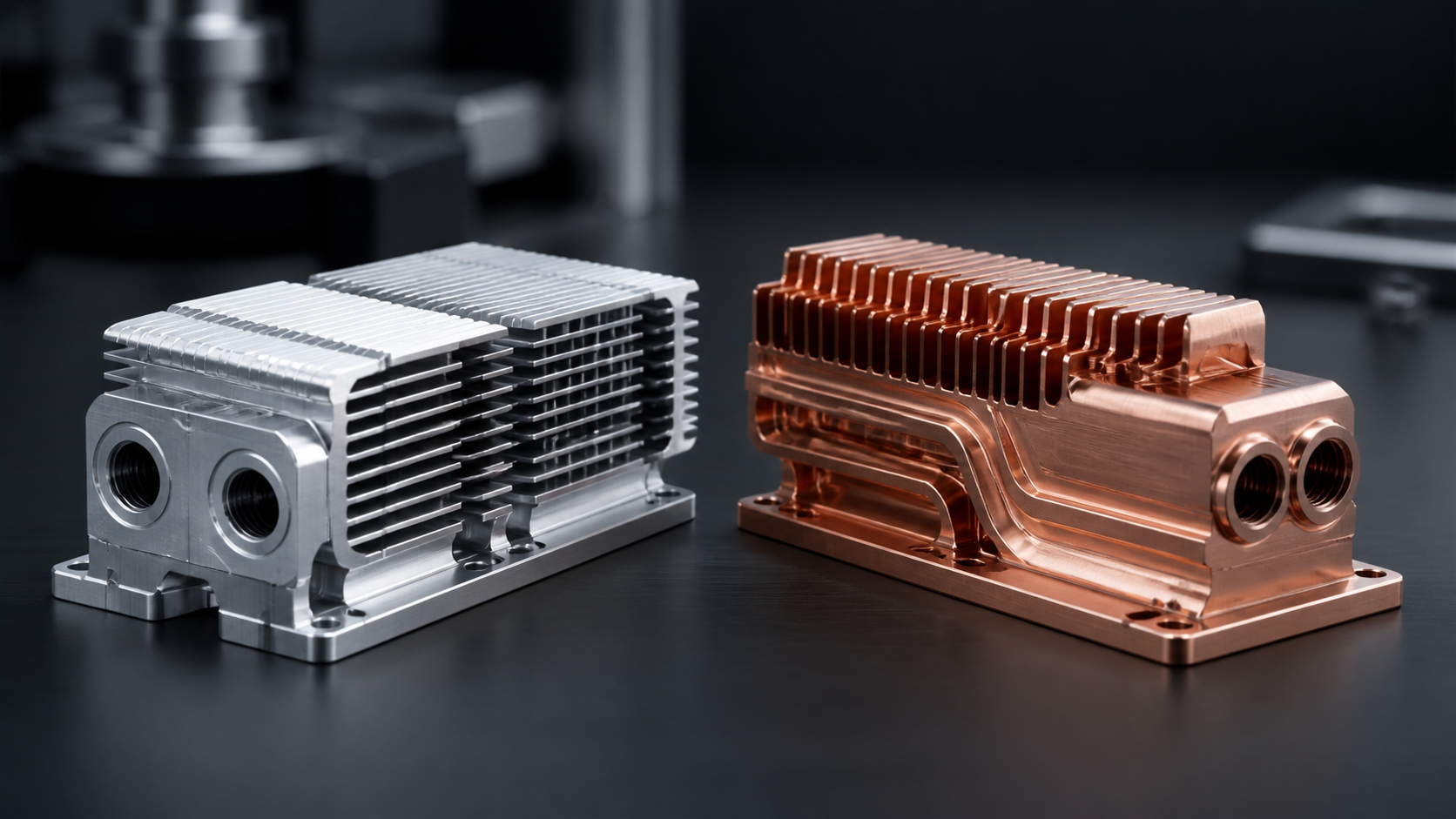 Aluminum and copper CNC machined heat transfer parts with precision fins on a clean engineering workbench