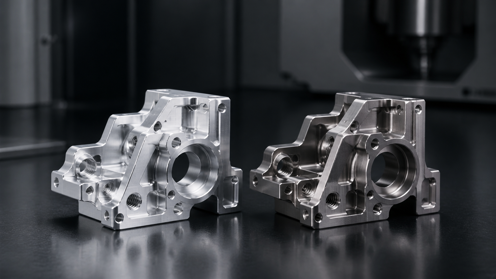Aluminum and stainless steel CNC machined parts displayed side by side for material comparison