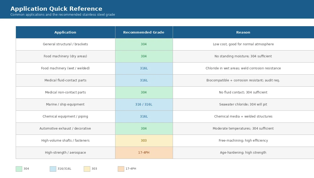 Quick reference table mapping ten common applications to recommended stainless steel grades including 304, 316, 316L, 303, and 17-4PH