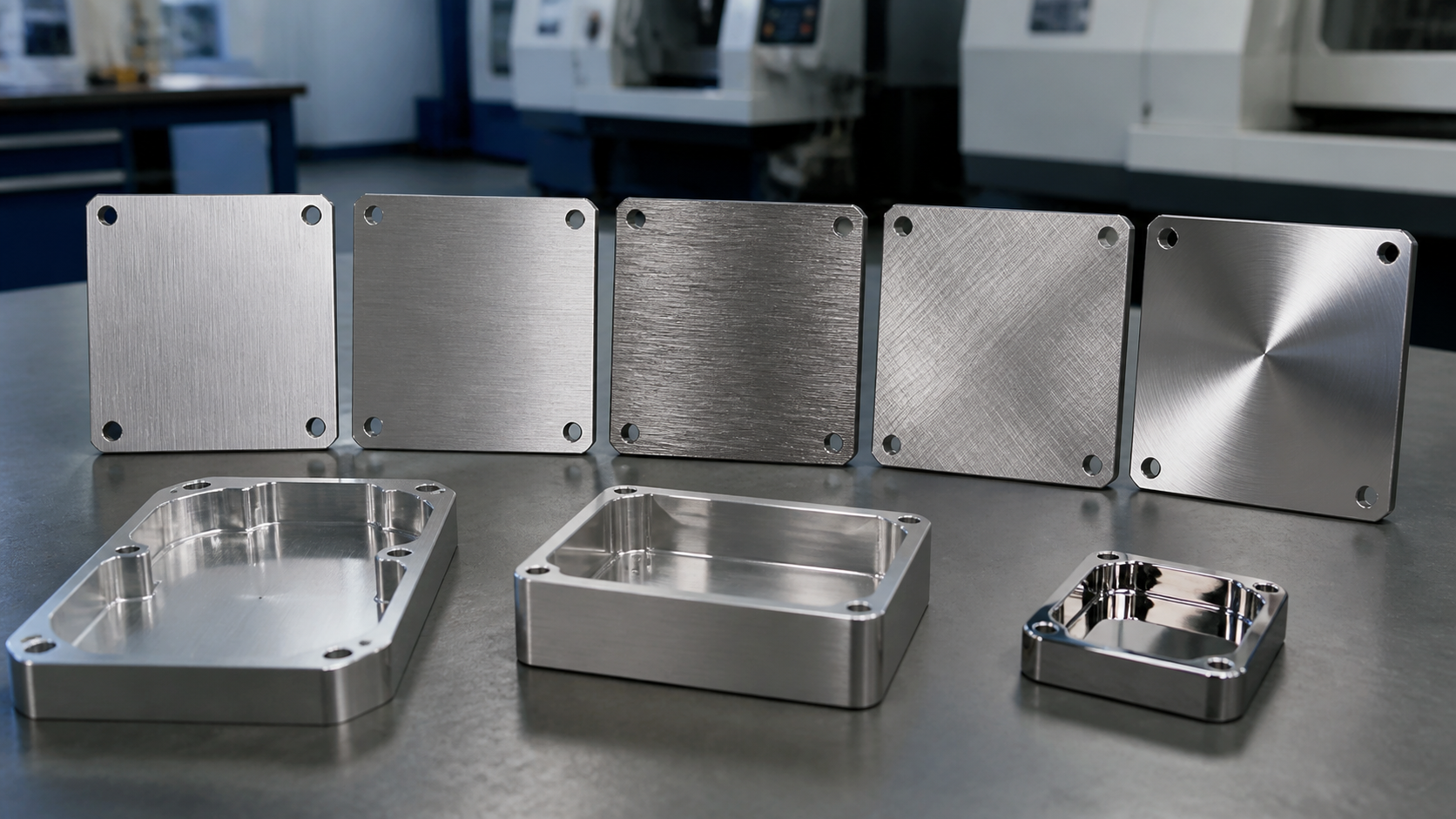 Different brushed finish effects on CNC-machined aluminum and stainless steel parts with linear, satin, coarse, cross-brushed, and circular grain textures