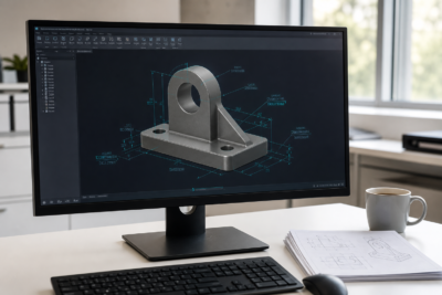 Monitor de computadora en un escritorio de oficina brillante que muestra un modelo CAD de un soporte mecánico con líneas de dimensión cian, con una taza de café y dibujos en papel cerca