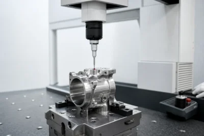 Coordinate measuring machine inspecting a stainless steel precision part with a ruby probe touching the surface