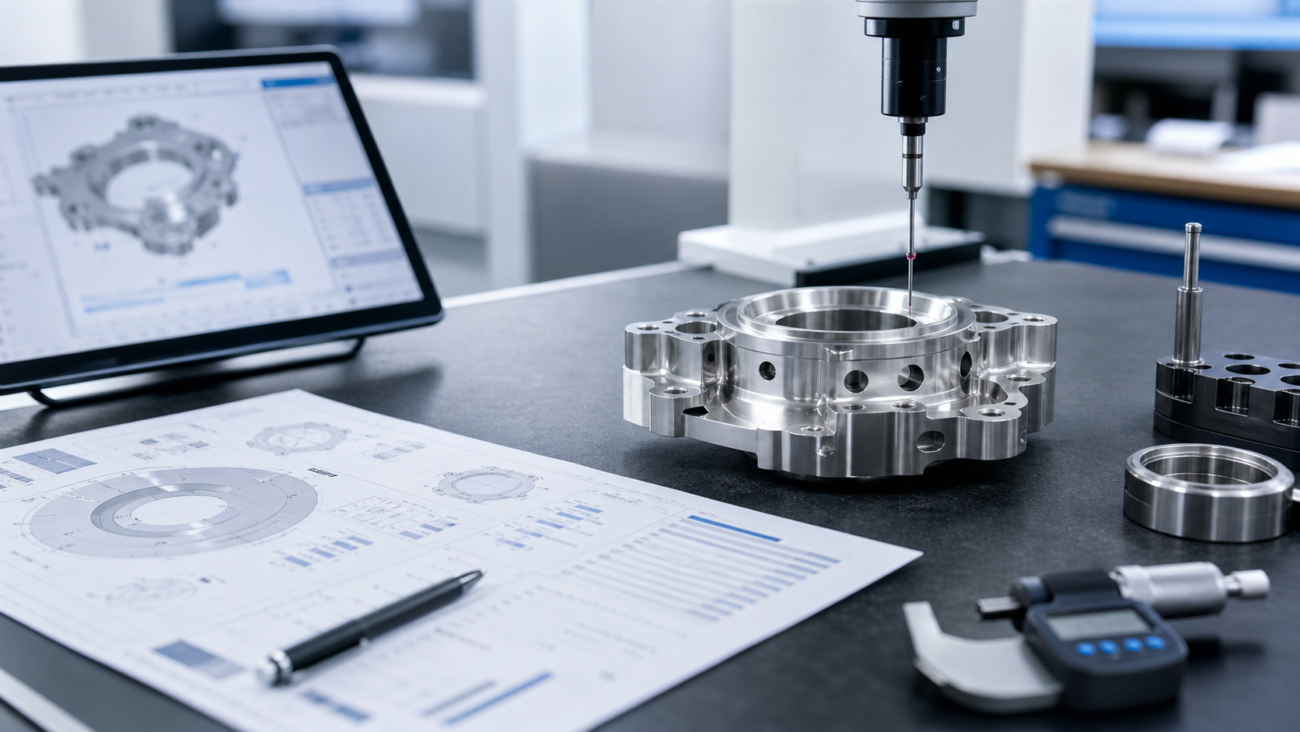 Precision CNC machined parts with CMM inspection setup and quality documentation on an engineering desk