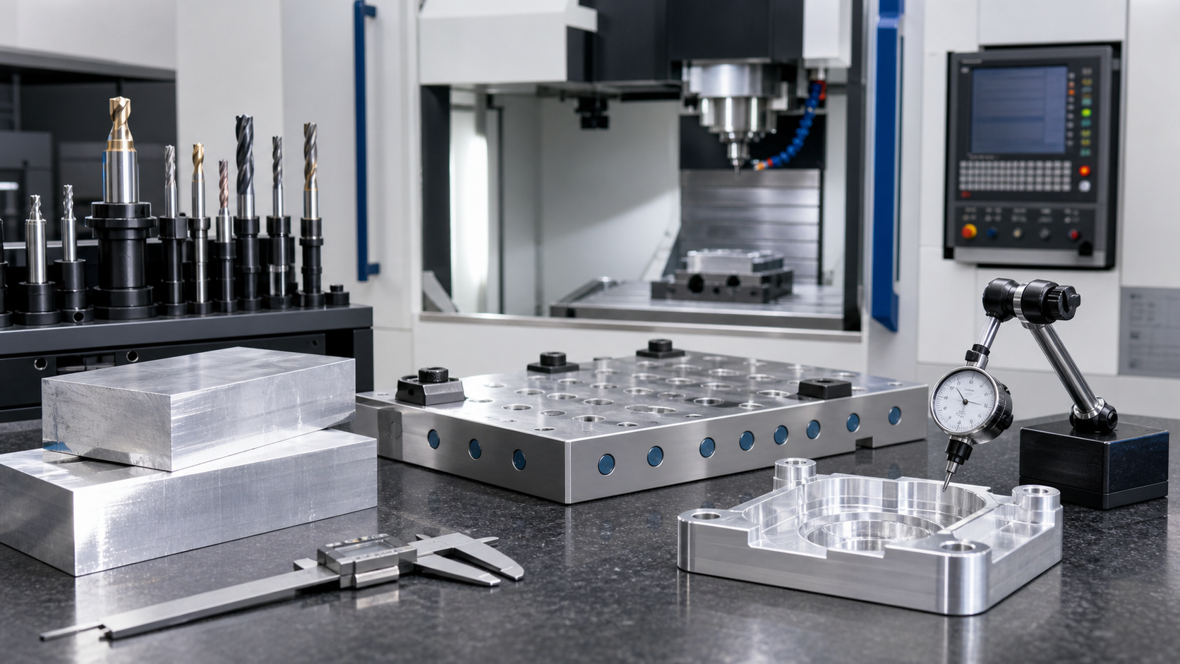 CNC machining quality preparation with cutting tools raw aluminum material fixture plate and first article inspection setup
