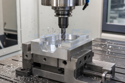 Fresadora CNC cortando una pieza de aluminio en un tornillo de banco, con virutas de metal voladoras y una superposición de estructura metálica CAD de color azul tenue en la pieza de trabajo