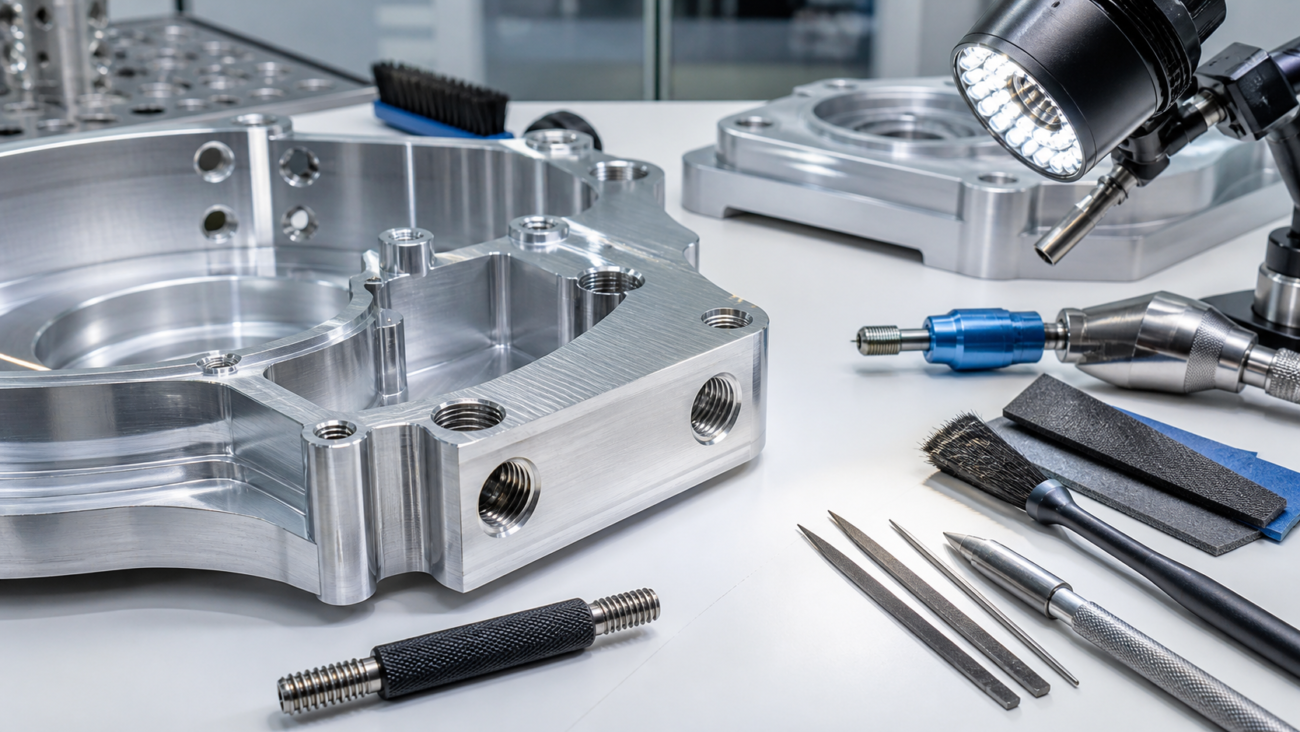 CNC machined aluminum part with threaded holes being prepared for deburring cleaning and lighting inspection