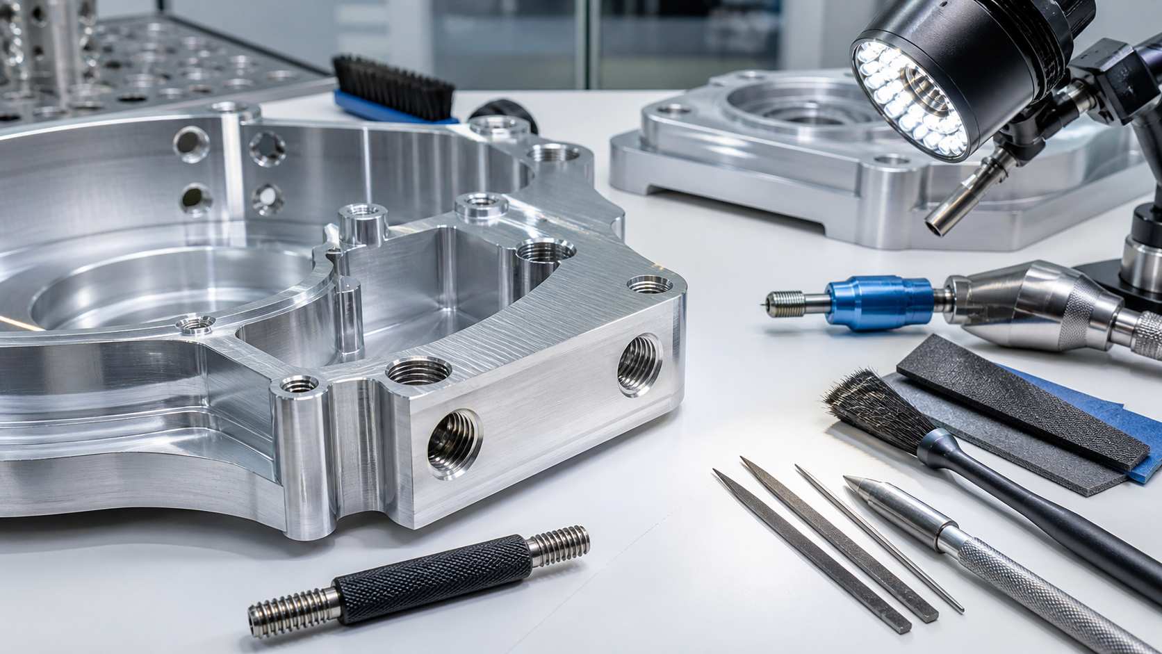 CNC machined aluminum part with threaded holes being prepared for deburring cleaning and lighting inspection