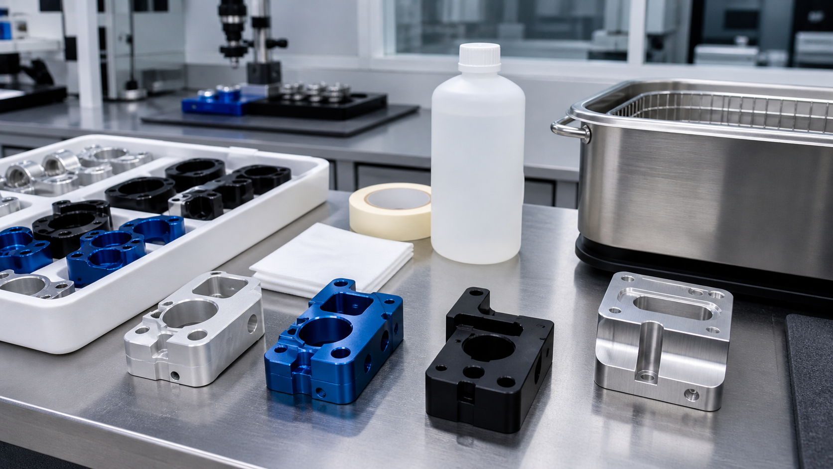 CNC machined parts with sandblasted anodized painted and brushed surface finishes displayed on a clean finishing workbench