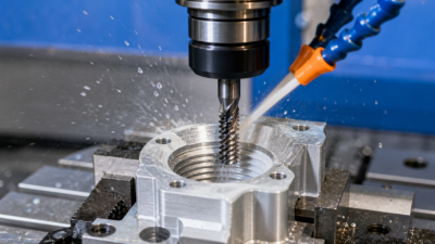 Close-up of a CNC machining center thread milling an internal thread in an aluminum workpiece