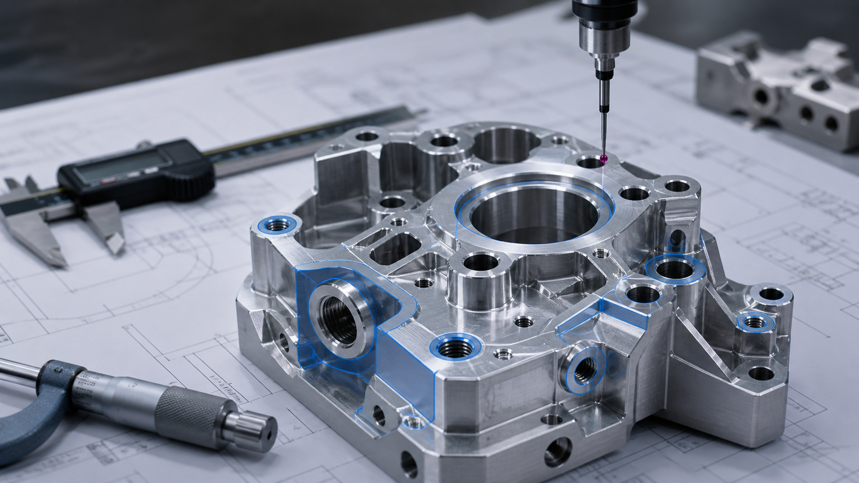 CNC machined component with inspection probe and technical drawing for critical tolerance communication