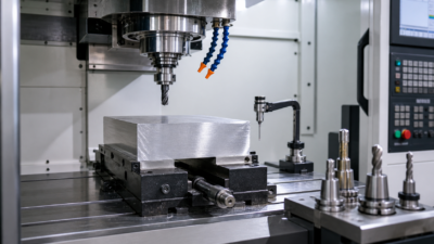 Raw aluminum block clamped in CNC vise with cutting tool installed for machining setup
