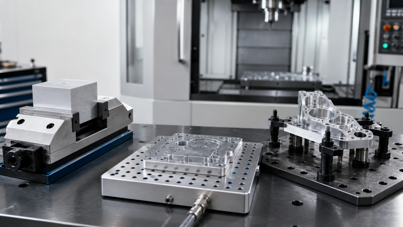 CNC workholding setups including machine vise vacuum fixture plate and custom fixture for precision aluminum parts