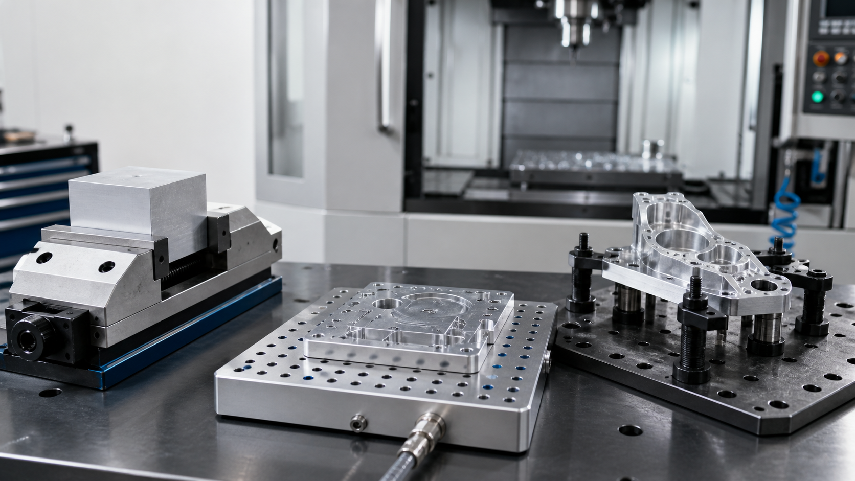 CNC workholding setups including machine vise vacuum fixture plate and custom fixture for precision aluminum parts