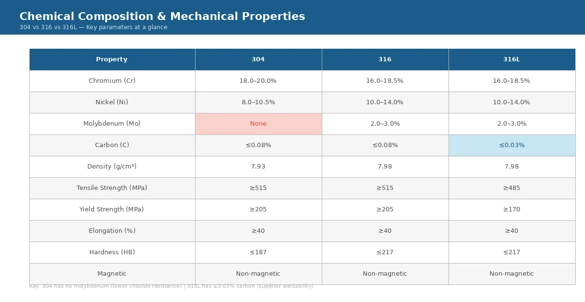 Data table comparing chemical composition and mechanical properties of 304, 316, and 316L stainless steel grades