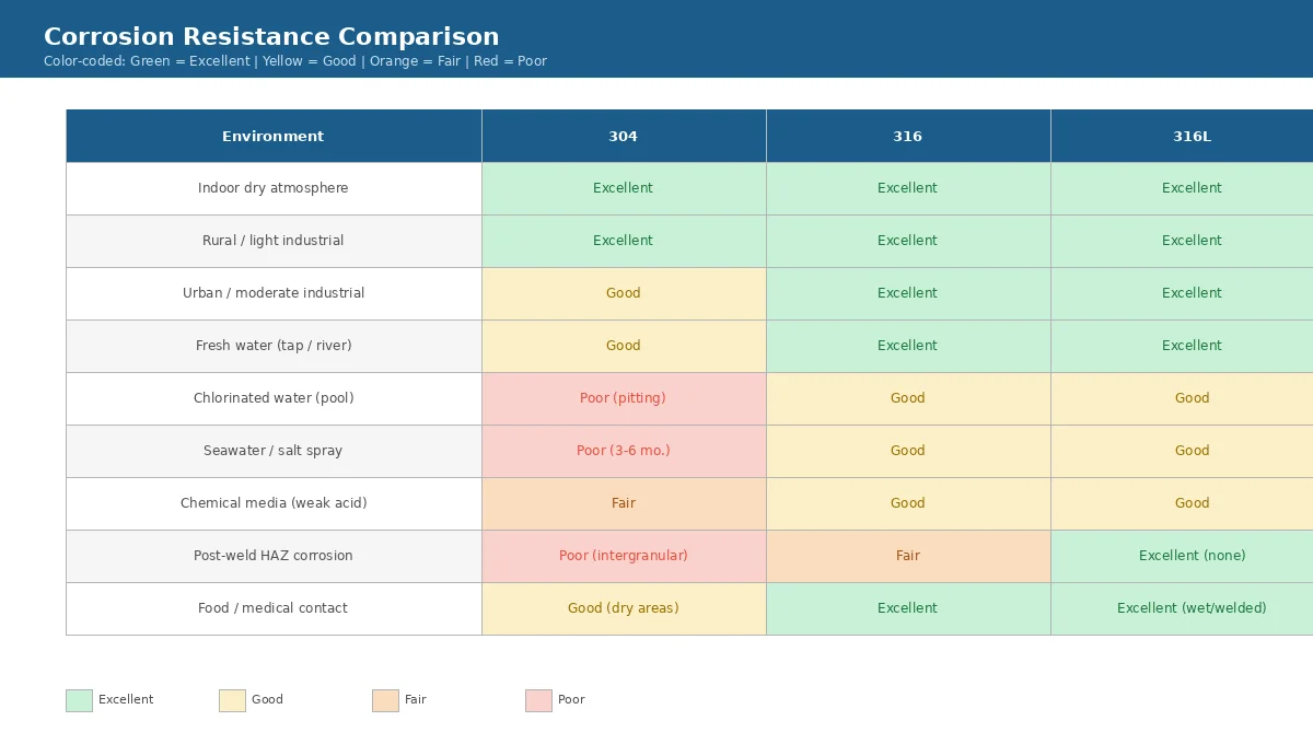 Color-coded heatmap comparing corrosion resistance of 304, 316, and 316L stainless steel across nine environments from indoor to seawater