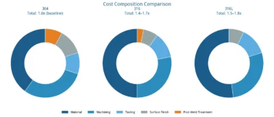 Three donut charts comparing cost composition of 304, 316, and 316L stainless steel parts across material, machining, tooling, and surface finishing