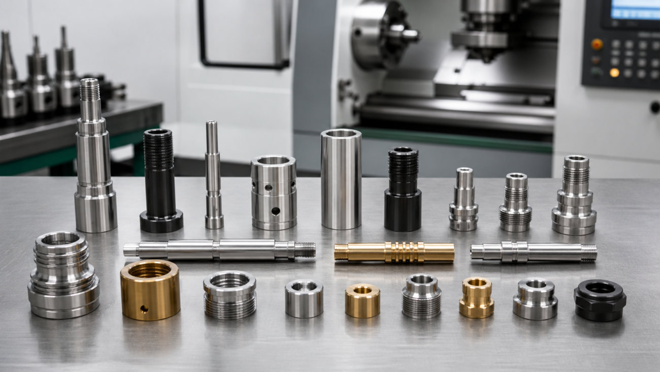 Custom CNC turned parts including shafts, bushings, threaded parts, spacers, and fittings