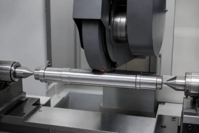 Cylindrical grinding machine grinding a stainless steel shaft supported by centers with faint sparks at the wheel contact point