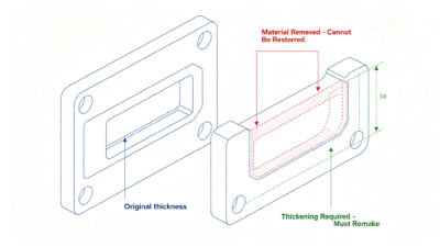 CNC machined part cross-section diagram showing removed material cannot be restored, wall thickening requires remaking the part