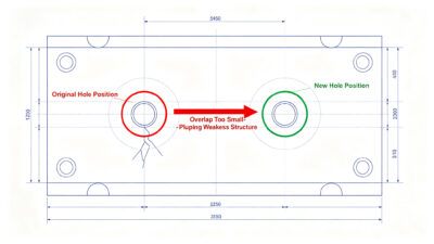Top view blueprint of CNC plate showing original and new hole positions with insufficient overlap, plugging and redrilling weakens structural integrity