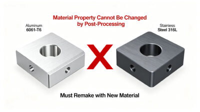 Side-by-side comparison of Aluminum 6061-T6 and Stainless Steel 316L CNC parts, material properties cannot be changed by post-processing