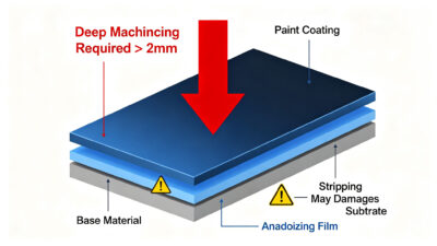 Layered cross-section of anodized and painted CNC part showing deep machining over 2mm may damage base material after stripping surface treatment