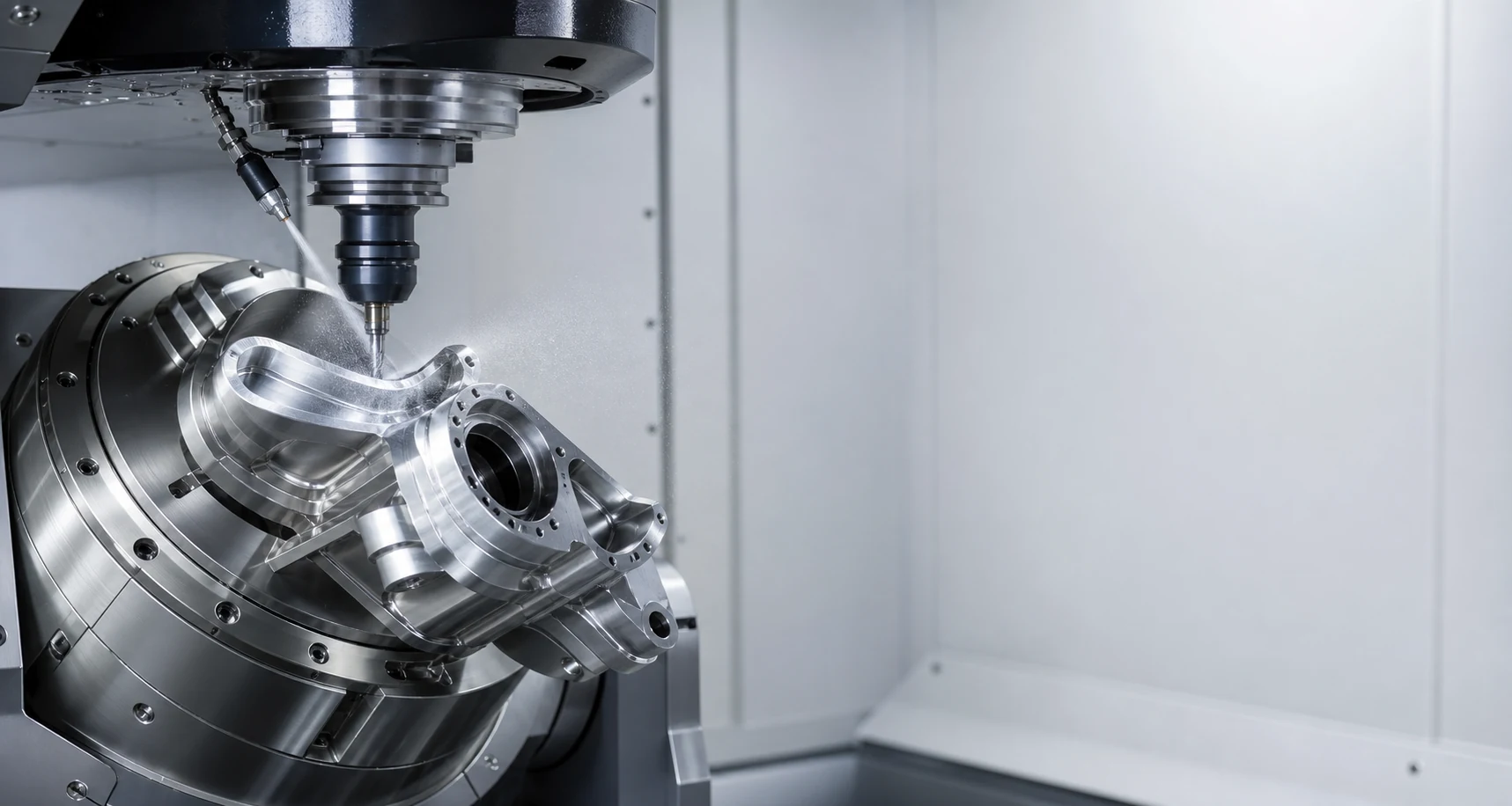 Five-axis CNC machining center cutting a complex stainless steel part with a visible tool and clean blank space on the right