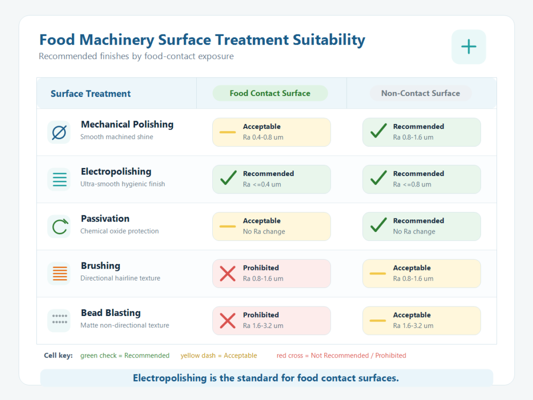 Matrix showing suitability of five surface finishing processes for food contact and non-contact surfaces in food machinery