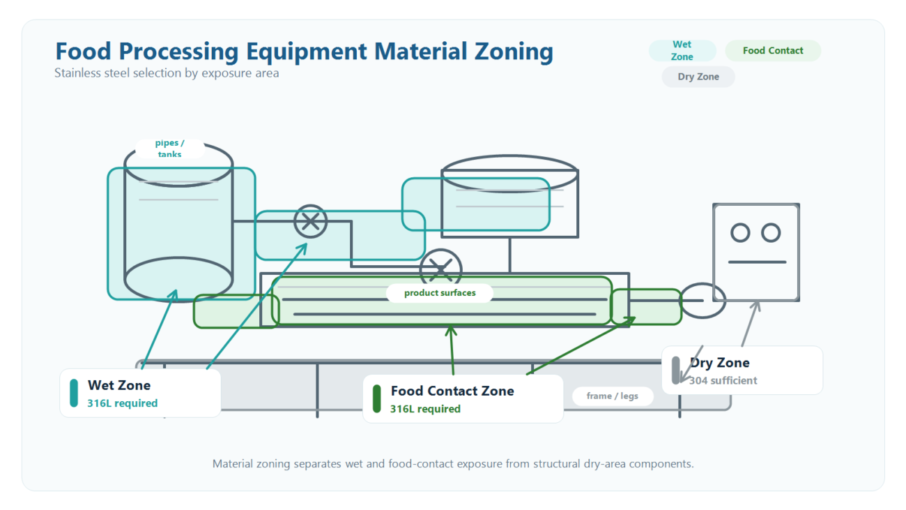 Food machinery equipment diagram showing three material zones: wet zone, food contact zone, and dry zone with recommended stainless steel grades