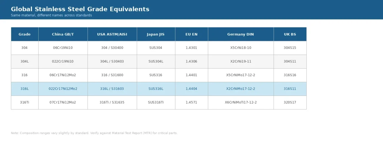 Global stainless steel grade designation equivalents table comparing China, USA, Japan, EU, Germany, and UK standards for 304, 316, and 316L