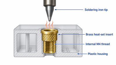 Cross-section illustration of a brass heat-set threaded insert embedded in a plastic housing