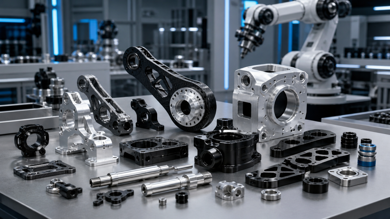 High precision CNC machined parts for robotics applications with a modern robotic arm in the background
