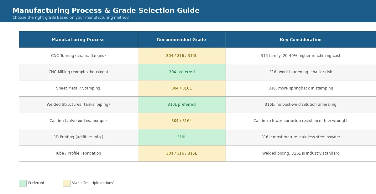 Reference table mapping seven manufacturing processes (CNC turning, milling, sheet metal, welding, casting, 3D printing, tube) to recommended stainless steel grades