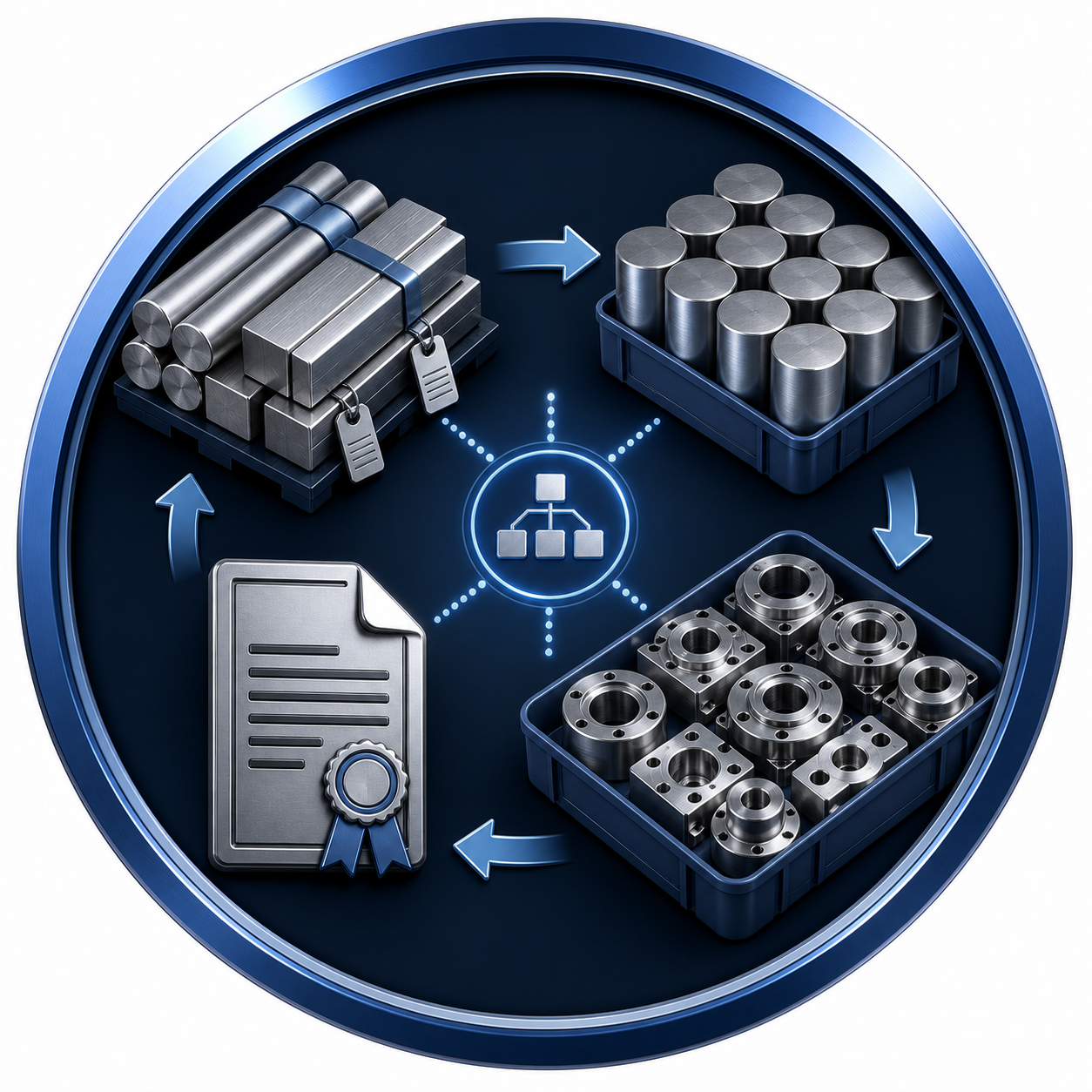 Material preparation and batch traceability for mass production CNC parts