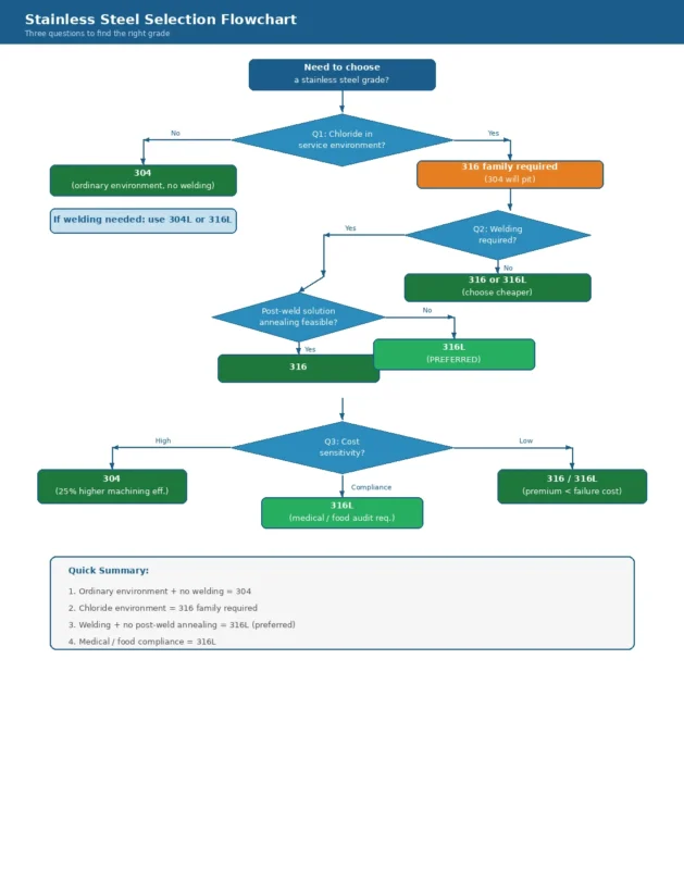 Decision flowchart for selecting 304, 316, or 316L stainless steel based on chloride environment, welding requirements, and cost sensitivity