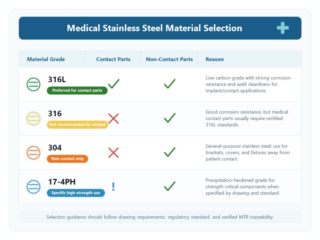 Medical stainless steel material selection guide comparing 316L, 316, 304, and 17-4PH for contact and non-contact medical parts