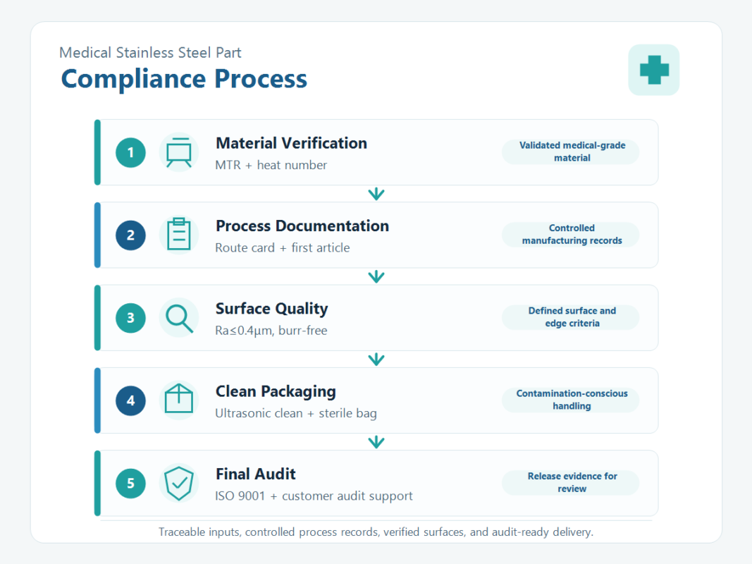 Five-stage compliance process flow for medical stainless steel parts: material verification, documentation, surface quality, clean packaging, and final audit
