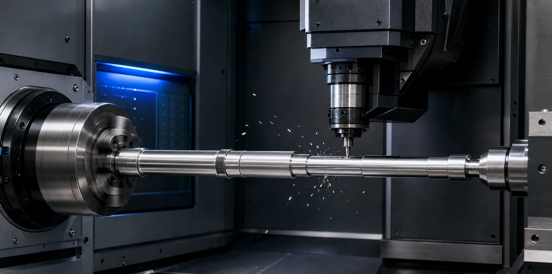 Mill-turn CNC machine machining a stainless steel shaft with spindle rotation and side live-tool drilling