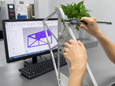 Technician measuring a precision CNC-machined 6061 aluminum frame with a digital caliper