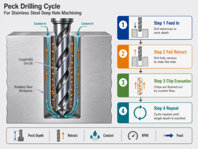 Technical diagram of a peck drilling cycle for stainless steel deep hole machining with chip evacuation and coolant flow