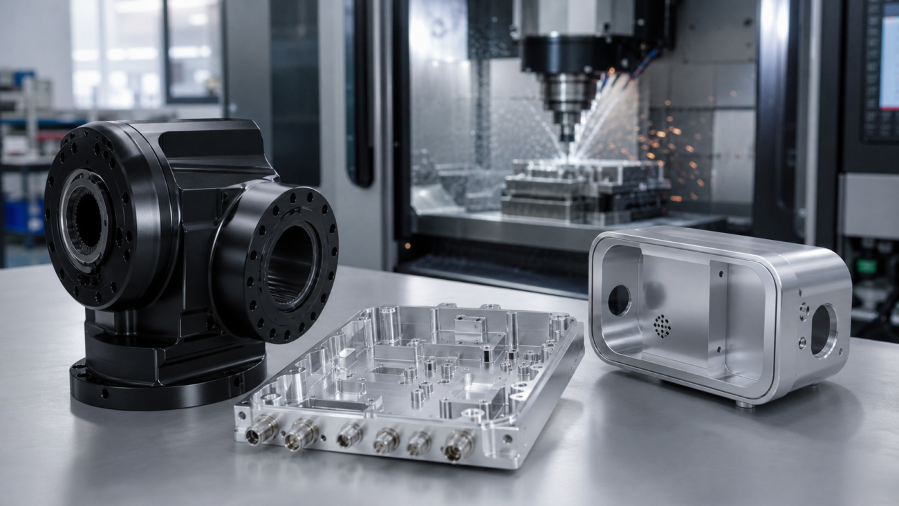 Pièces usinées CNC en aluminium 6061-T6 de précision exposées devant un centre d'usinage CNC