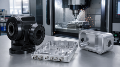 Precision 6061-T6 aluminum CNC machined parts displayed in front of a CNC machining center