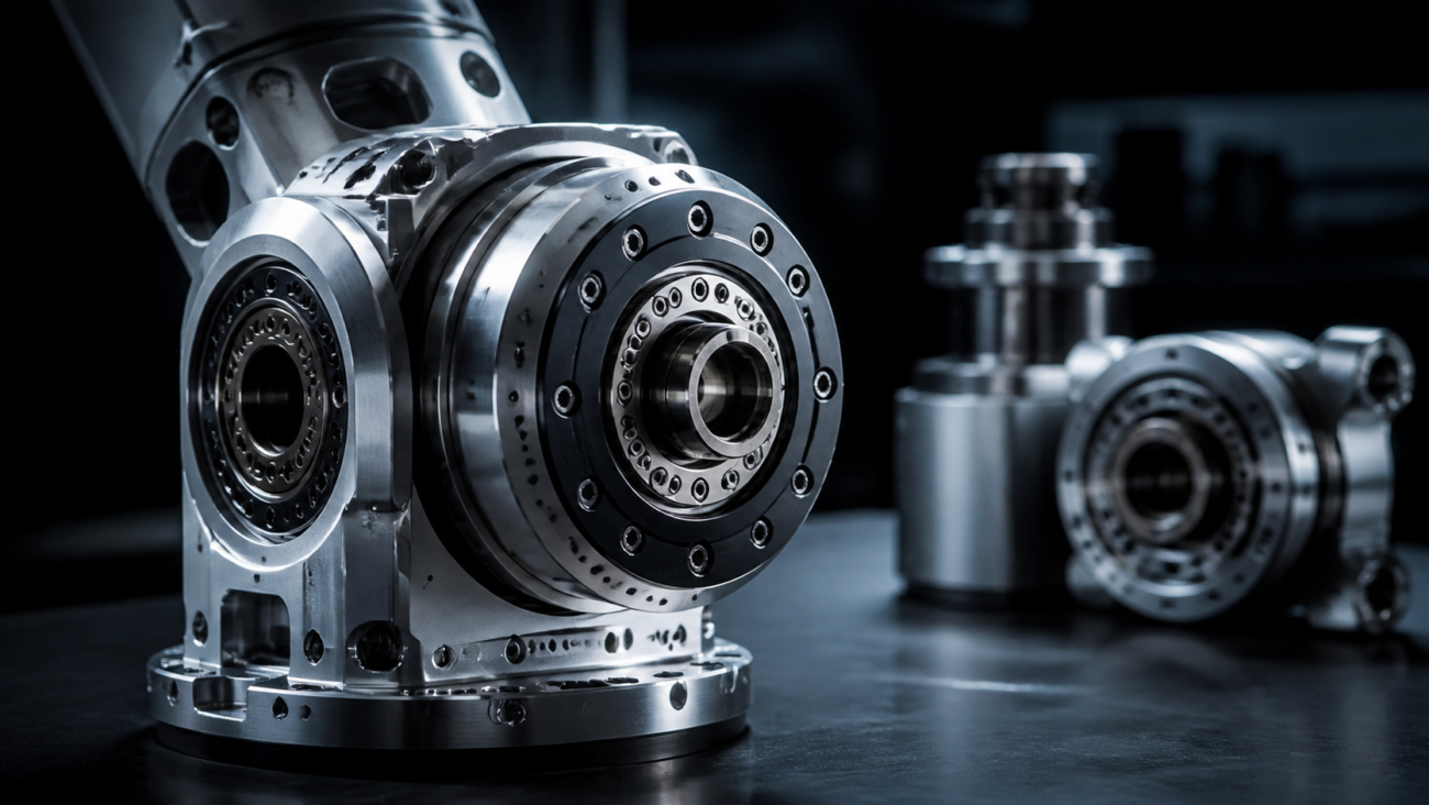 Precision CNC machined robot joint component with bearings and aluminum mechanical structure