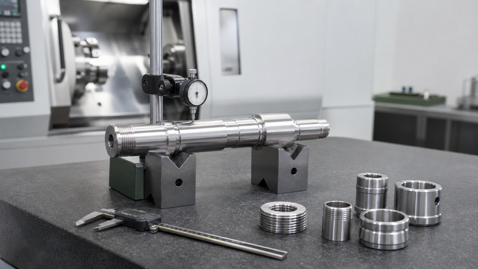 Precision CNC turning inspection with micrometer measuring a machined shaft