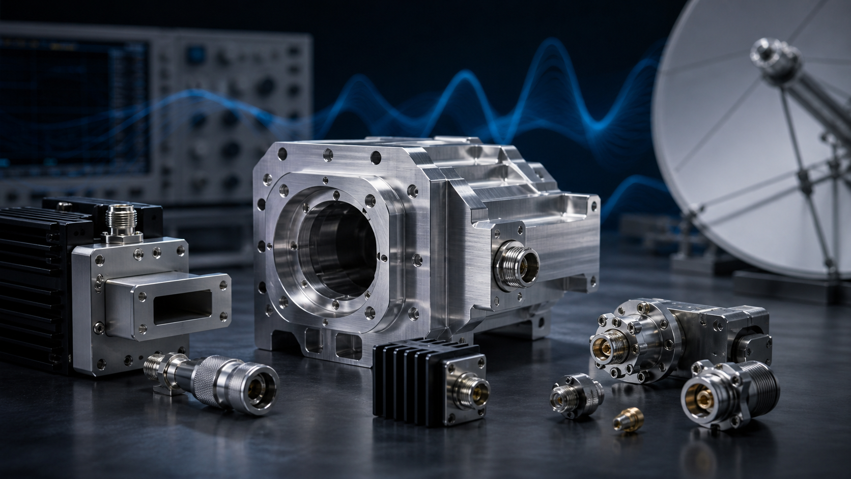 Precision CNC machined RF communication device components with antenna and signal hardware details