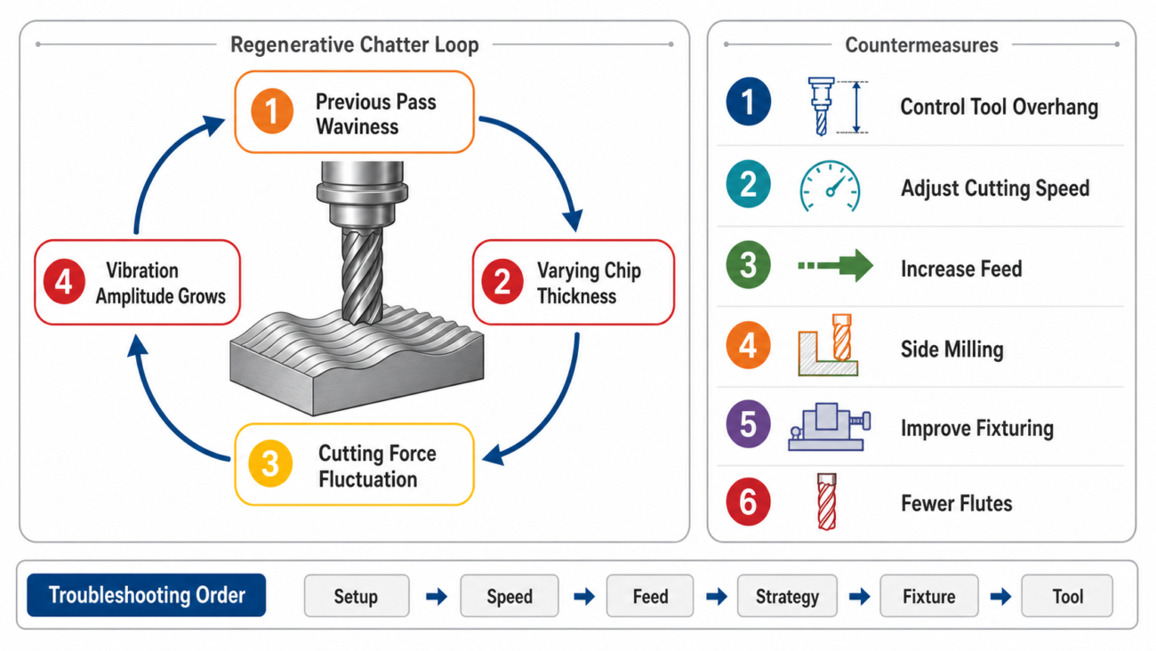 Infographic explaining the regenerative chatter feedback loop in CNC milling and six practical countermeasures