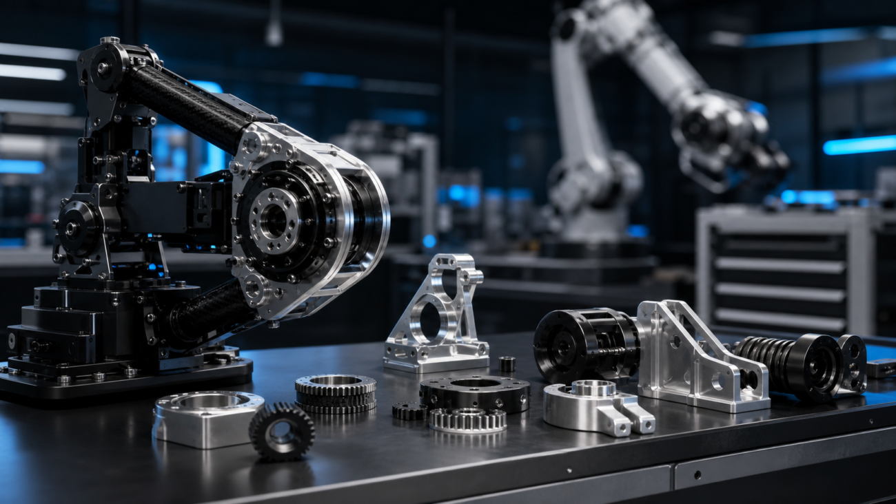 Robotics engineering workstation with CNC machined components and robotic assembly parts