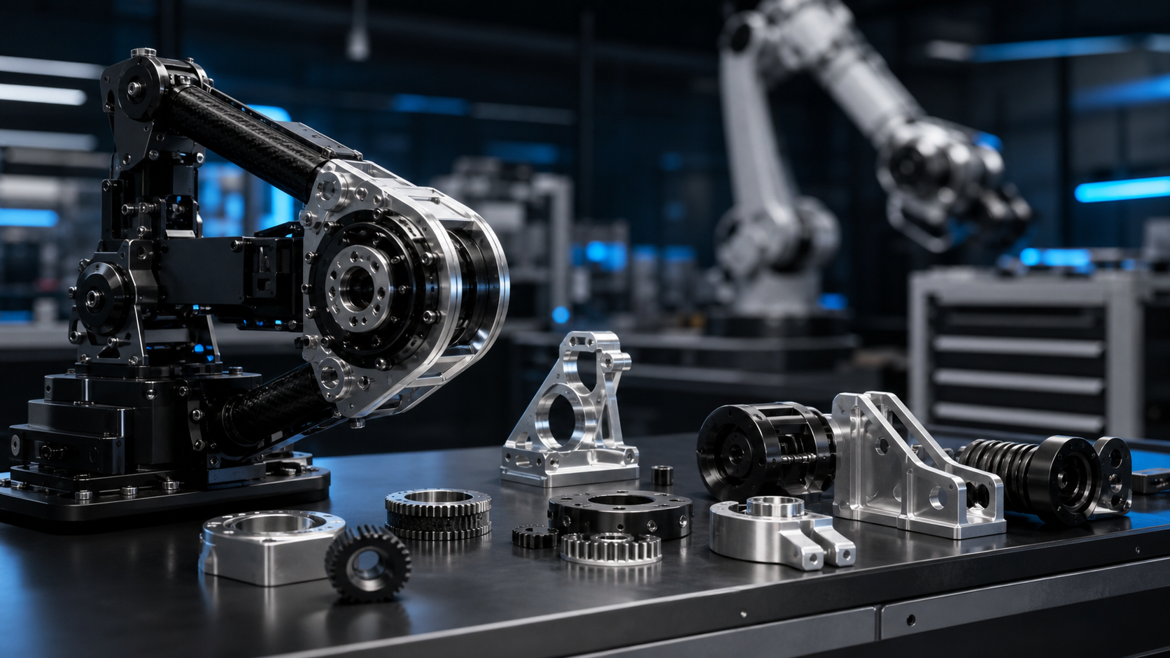 Poste de travail d'ingénierie robotique avec composants usinés CNC et pièces d'assemblage robotiques